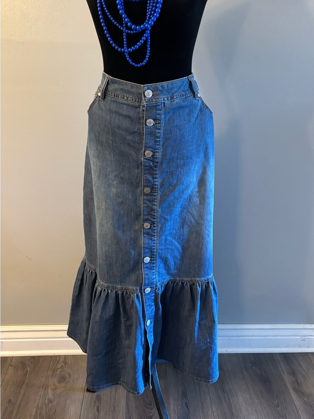 C. est 1946 Denim Button-Front Midi Skirt with Ruffle Hem in Blue Size 14
